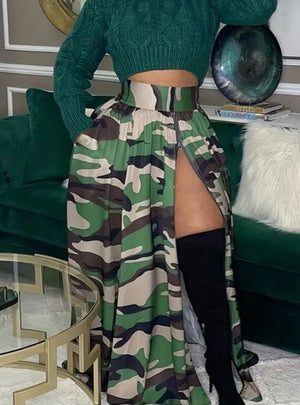 Casual Camouflage Printed Zipper Split Skirt