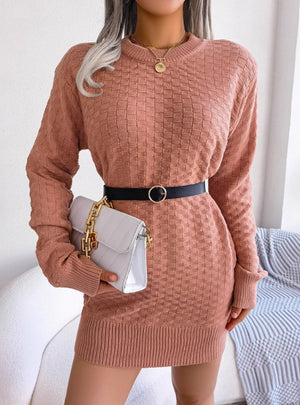 Solid Color Plaid Long Sleeve Sweater Dress