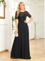 Black Short Sleeve Sequins Prom Dress