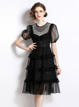 Beaded Gauze Slim Short Sleeve Dress