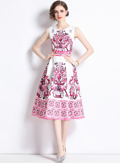 Retro Slim Round Neck Sleeveless Printed Dress