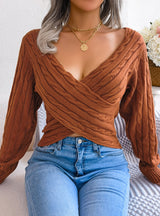 Sexy Cross V-neck Twist Long Sleeve Sweater