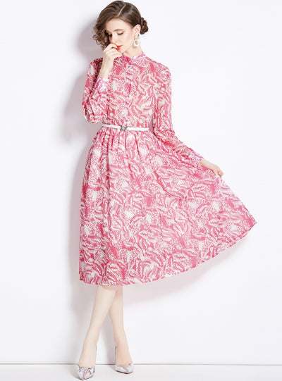 Printed Butterfly Long Sleeve Belt Slim Dress