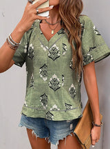 Ethnic V-neck Printed Short-sleeved Shirt