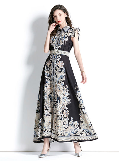 Palace Style Lapel Sleeveless Print Long Dress