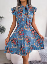 Women Print Flower Lace-up Pleated Dress