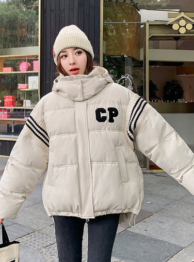 Short Stitching Contrast Loose Hooded Cotton Coat