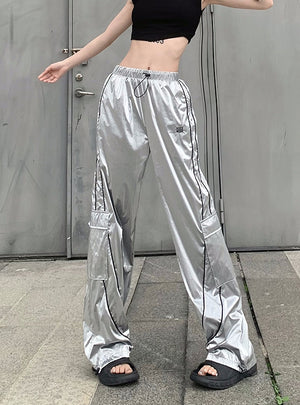 Pocket Silver Glossy High Waist Slacks