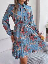 Flower Silm Waist Long Sleeve Pleated Dress