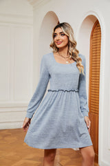 Solid Color Square Neck Long Sleeve Loose Dress