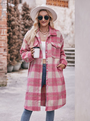 Autumn and Winter Long Plaid Pocket Coat