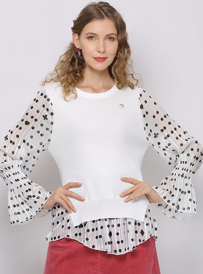 Spliced Chiffon Long Sleeve Round Neck Top