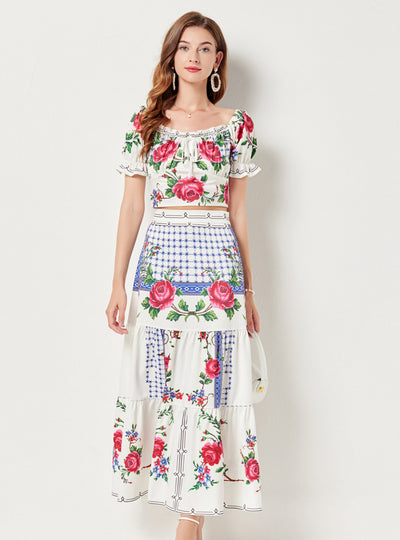 Rose Print Top+Splicing Skirt Two-piece Suit