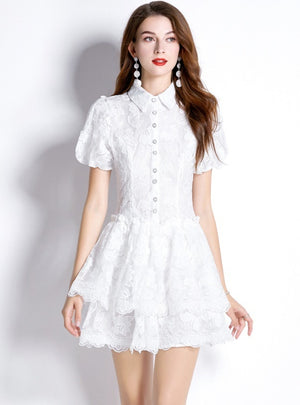 White Embroidered Bubble Sleeve Dress