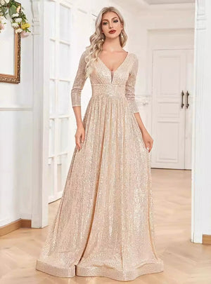 Long Sleeve Sequins V-neck Prom Dress