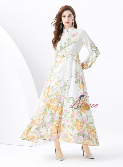 Retro Stand-up Collar Single-breasted Printed Long Dress