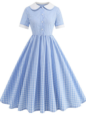 Retro Plaid Stitching Short Sleeve Button Retro Dress