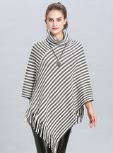 Loose Striped Fringed Turtleneck Cape Shawl