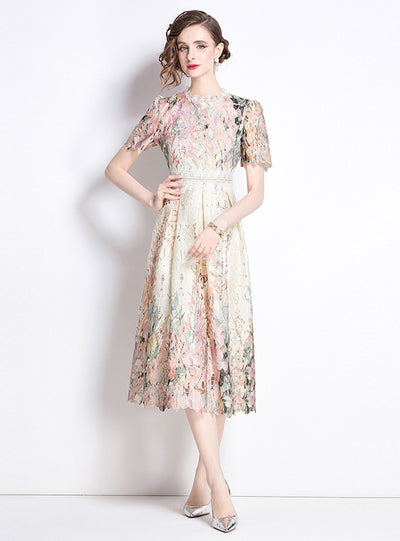 Long Short-sleeved Hollow Lace Dress