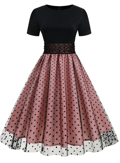 Round Neck Short Sleeve Polka-dot Retro Dress