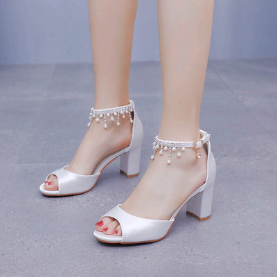 7 cm Round-headed Beaded Tassel Satin Sandals