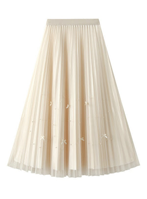 Mesh Beaded Bow Pleated Skirt