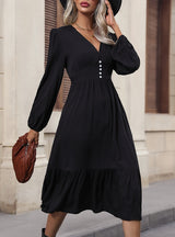 Button Ruffled Long Sleeve Dress