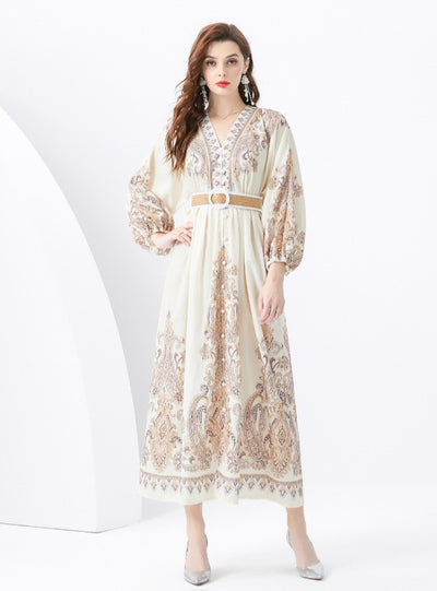 Palace V-neck Lantern Sleeve Printed Long Dress