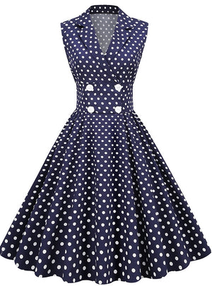 Lapel Sleeveless Breasted Polka-dot Retro Dress