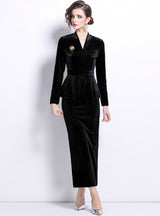 Fashion Velvet V-neck Top Skirt Suit