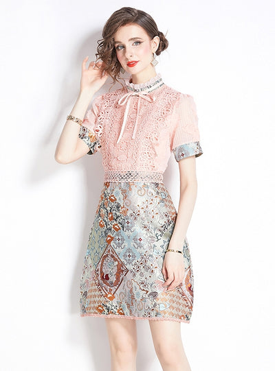 Retro Jacquard Stand Collar Lace Dress