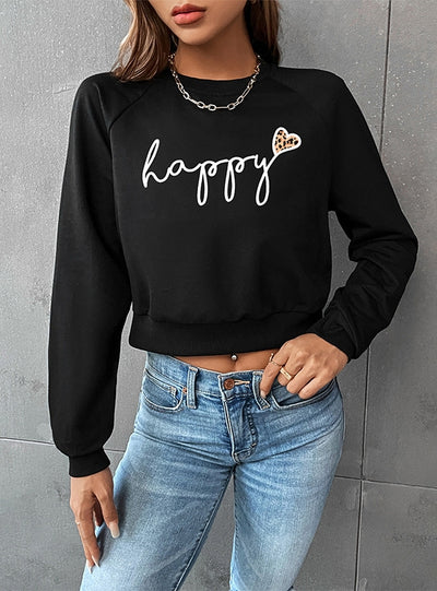 Exposed Navel Round Neck Letter Printed Top