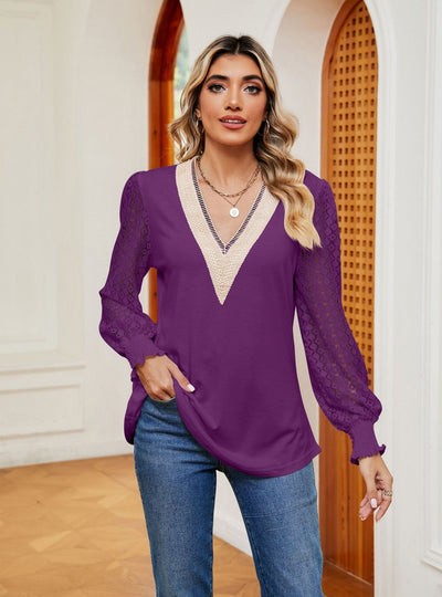 V-neck Lace Stitching Long Sleeve T-shirt