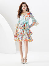 Printed Ruffled Short Flared Sleeve Dress