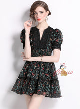 Vintage Printed V-neck Lace Slim Dress