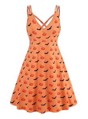 V-neck Suspender Halloween Printed Dress