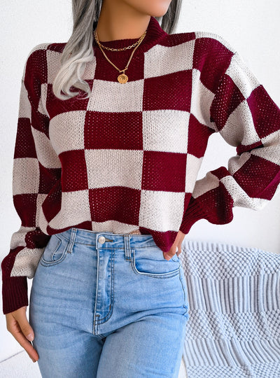 Contrast Check Long Sleeve Knitted Sweater