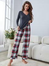 Long Sleeve Plaid Pajamas Suit