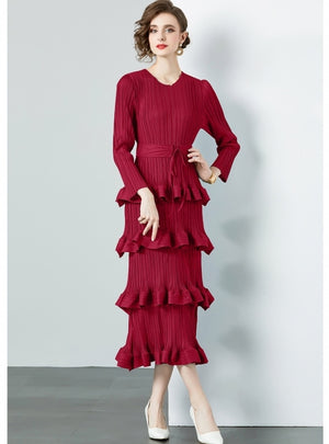 Ruffled Pleated Long Sleeve Slim Dress