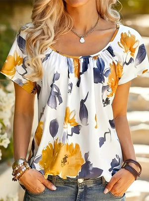 Pleated Printed Short-sleeved Round Neck T-shirt