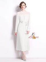 Lace Stitching Loose Slim Flower Casual Pleated Dress