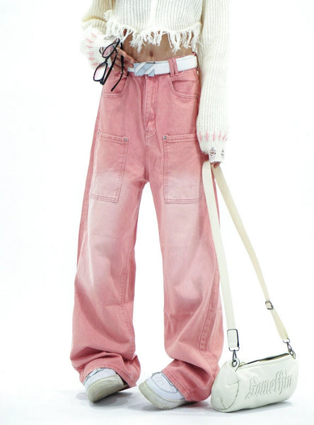 Retro Pink Loose Straight Wide-leg Jeans