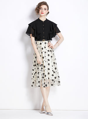 Retro Black Mosaic Floral Short Sleeve Dress