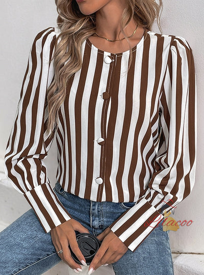 V-neck Single-breasted Striped Long-sleeved Shirt