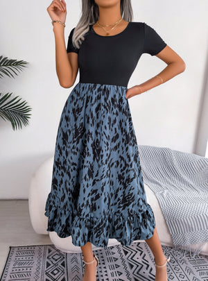 Casual Leopard Lotus Leaf Long Dress