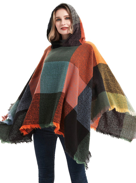 Plaid Pullover Cape Hooded Cape Shawl