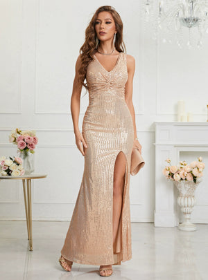 Champagne Sequins V-neck Prom Dress