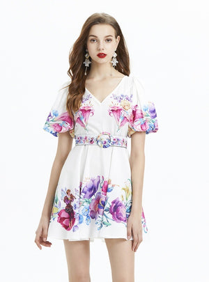 Plant Printed Bubble Sleeve V-neck Ruffled Dress