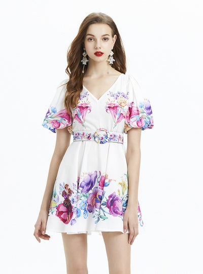 Plant Printed Bubble Sleeve V-neck Ruffled Dress