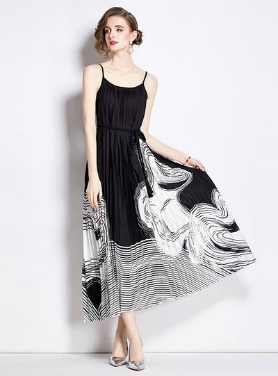 Printed Sling Pleated Dress